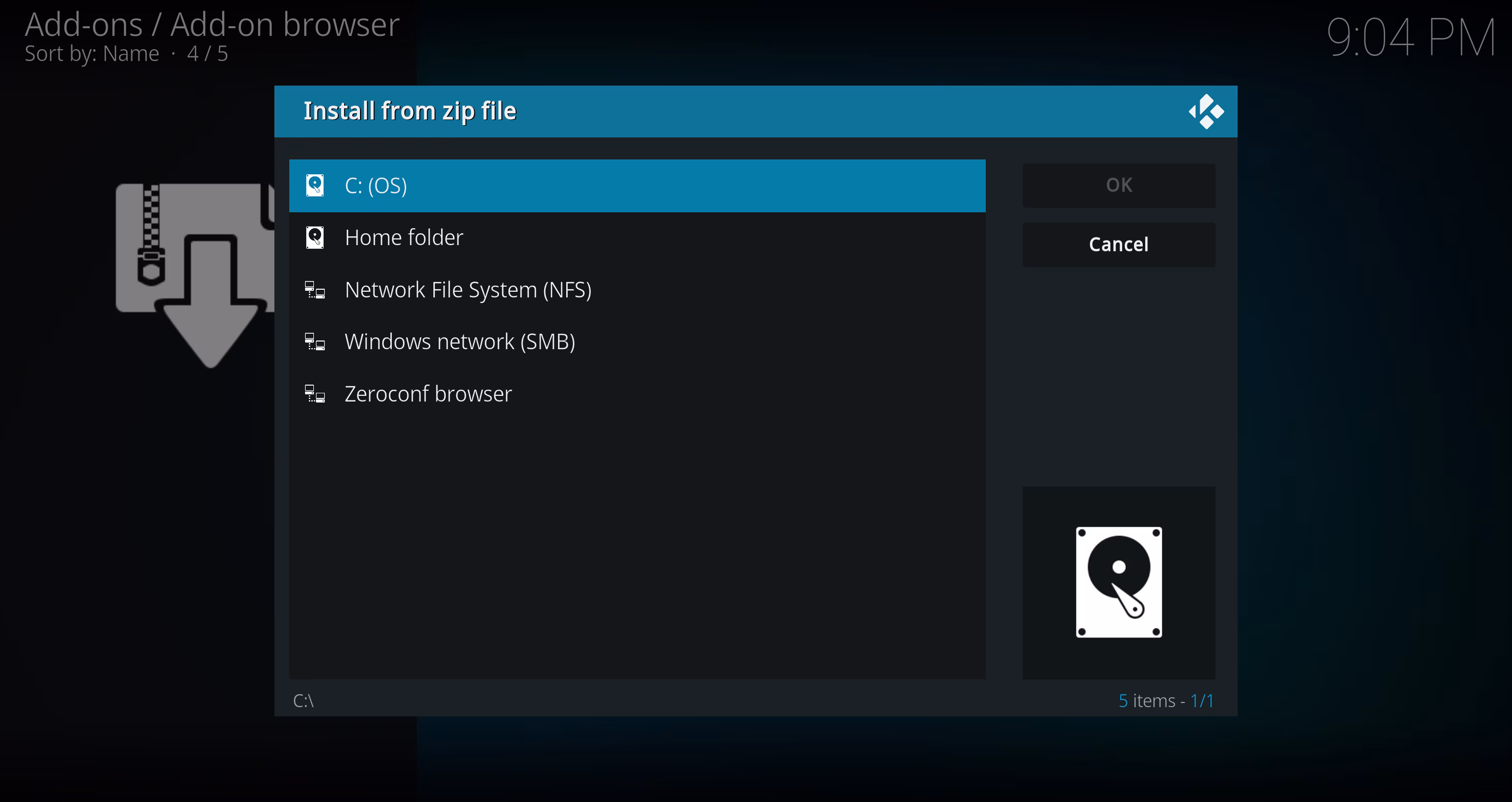 Kodi przeglądanie plików do instalacji