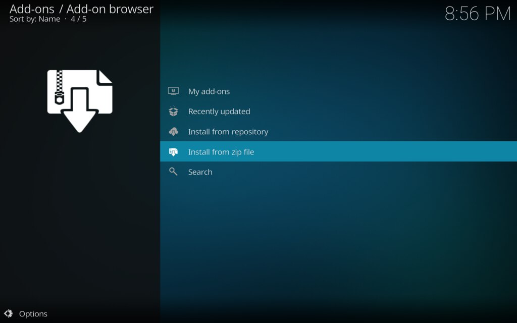 Kodi dodajemy dodatek, instalacja z pliku zip