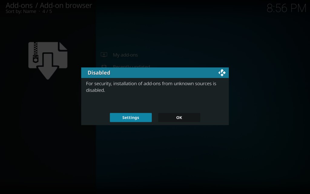 Kodi dodajemy dodatek, ustawienia bezpieczeństwa