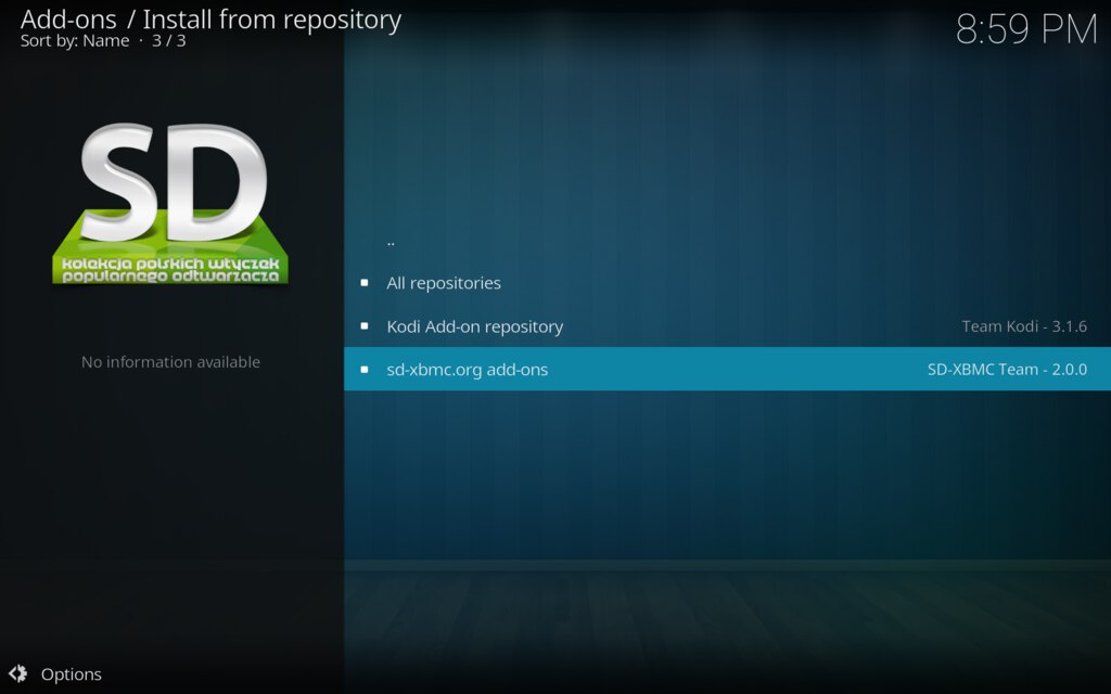 Kodi dodajemy dodatek, wyb&oacute;r repozytorium dodatk&oacute;w