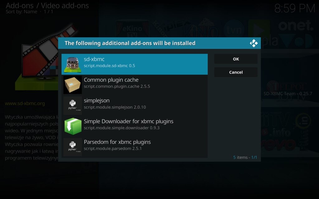 Kodi dodajemy dodatek, instalacja zależności