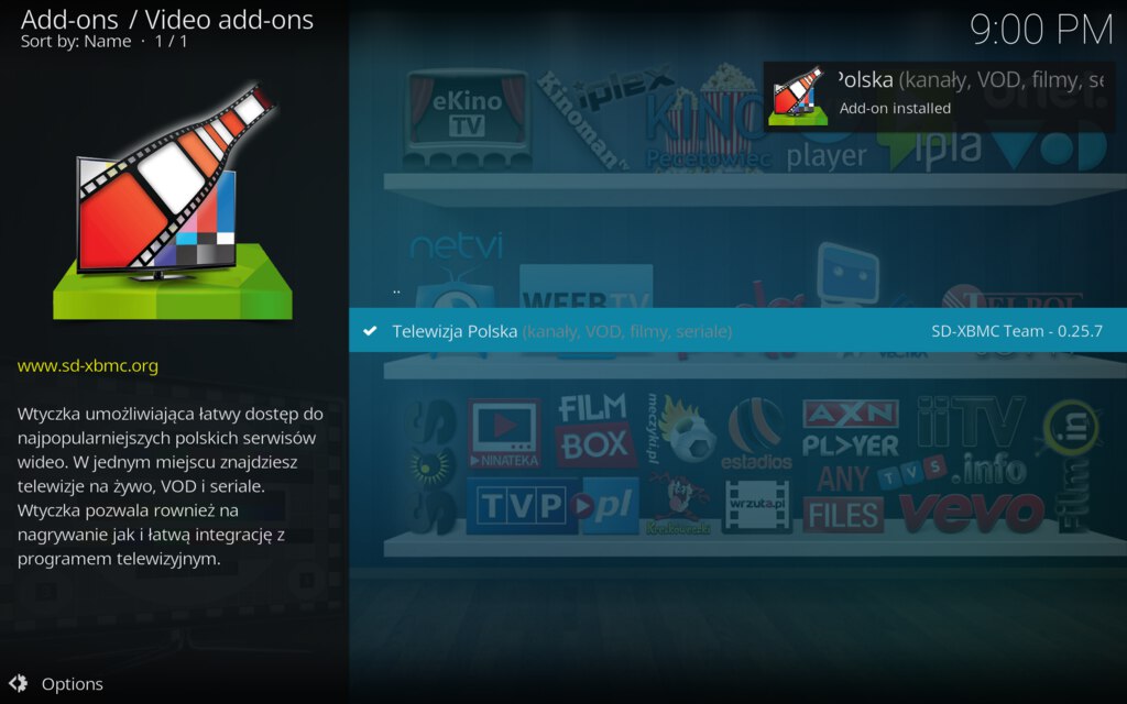 Kodi dodajemy dodatek, instalacja zkończona sukcesem