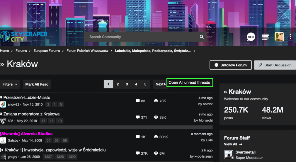 skyscrapercity.com, nowy link do otwierania nieprzeczytanych wątk&oacute;w, widok forum